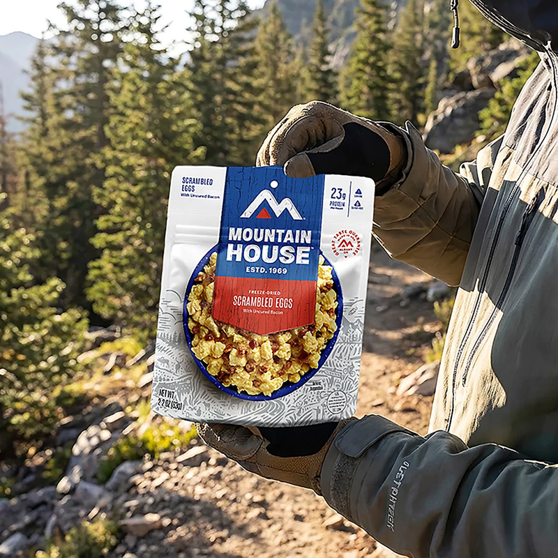 Scrambled Eggs with Bacon (1 Serving), Mountain House Scrambled Eggs with Bacon at camp