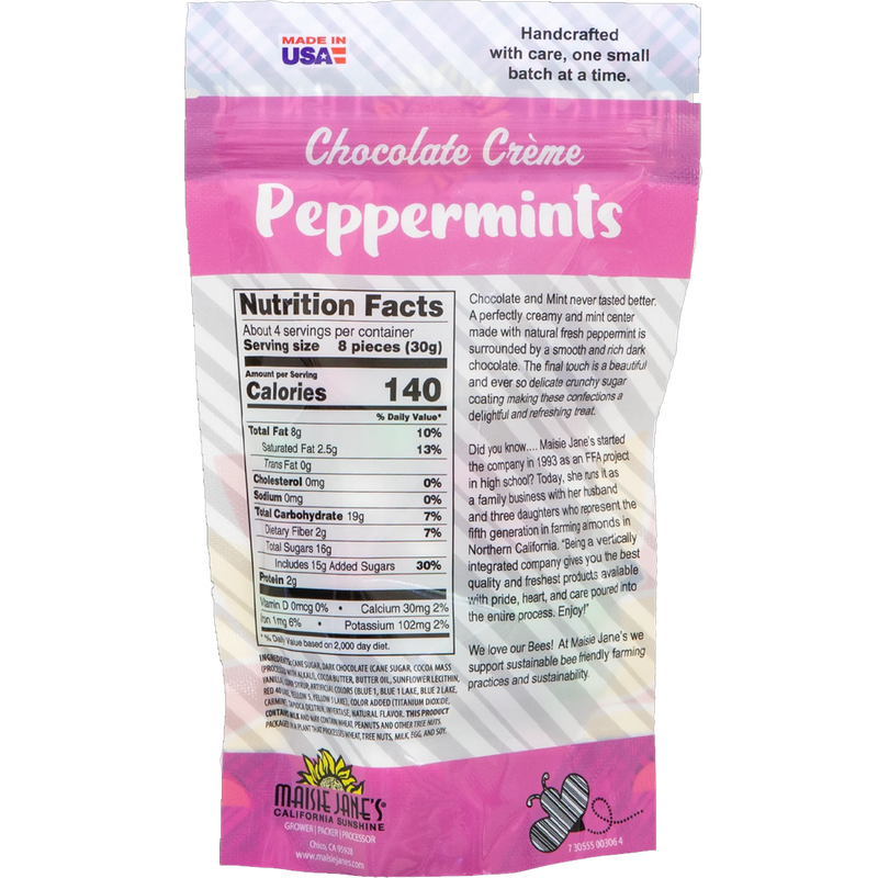 Chocolate Creme Peppermints 4 oz, Maisie Janes Chocolate Creme Peppermints 4 oz back of package