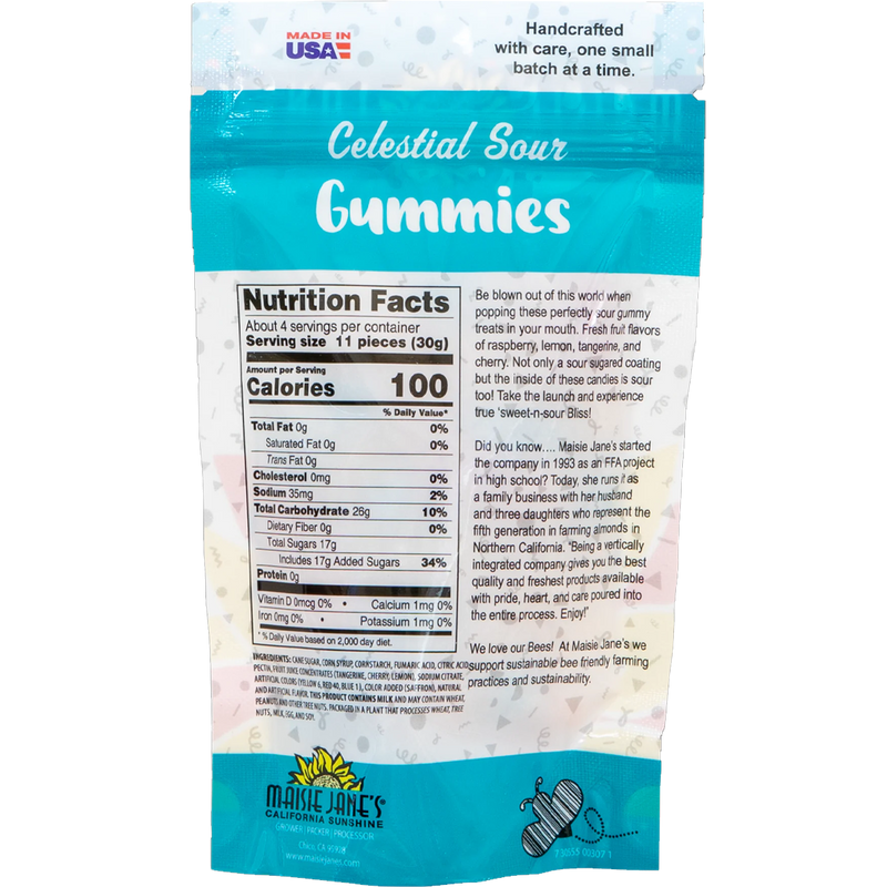 Celestial Sour Gummies 4 oz, Maisie Janes Celestial Sour Gummies 4 oz back of package