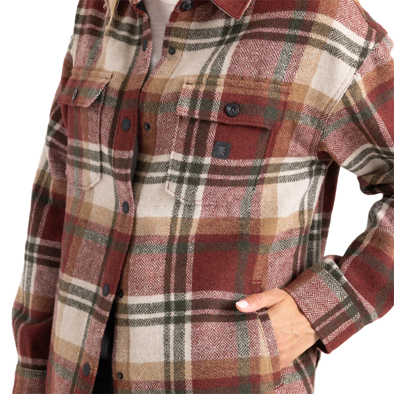 Women's Amberley Flannel Shirt Jacket, Roark Roark Women's Amberley Flannel in SNA-Sangria front pockets