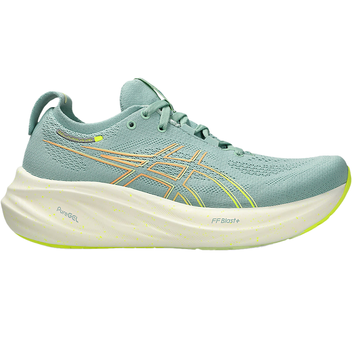 Asics Women's Nimbus 26 in Light Celadon/Safety Yellow