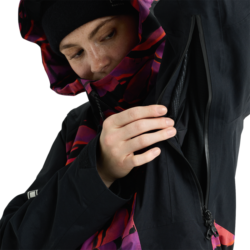 Women's [ak] GORE-TEX Kimmy 2L Anorak Jacket, Burton Women's [ak] GORE-TEX Kimmy 2L Anorak Jacket in E1J-Slash Multi/True Black pit vent and zipper