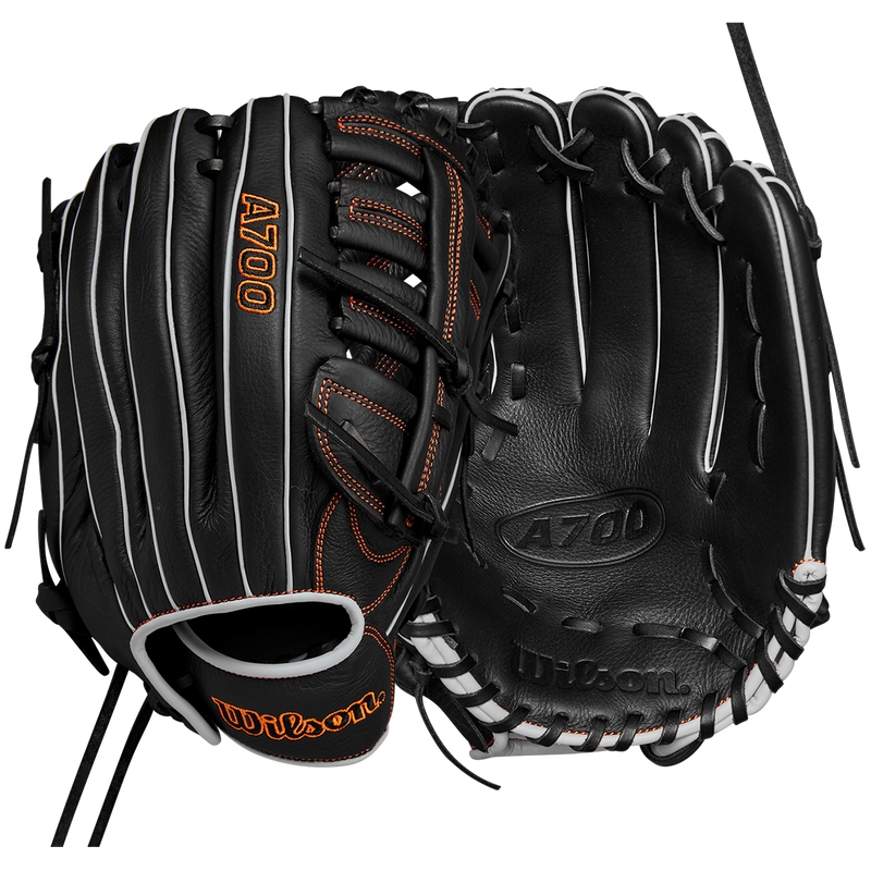 A700 Infield/Outfield 12.5" Single Post Web, Wilson A700 Infield/Outfield 12.5" Single Post Web 2024 in Black/Silver/Orange front and back