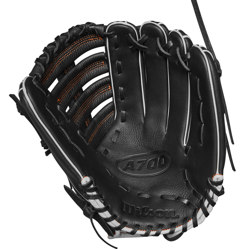 A700 Infield/Outfield 12.5" Single Post Web, Wilson A700 Infield/Outfield 12.5" Single Post Web 2024 in Black/Silver/Orange palm