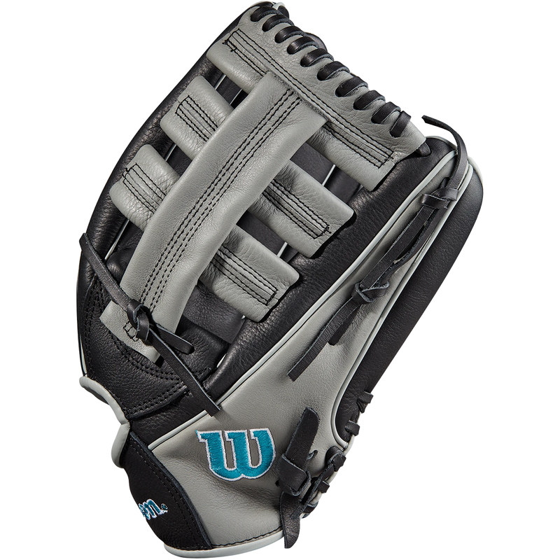 Youth A500 AP - 12.5" Single Post Web Left Hand Throw, Wilson A500 AP - 12.5" Single Post Web 2023 in Black/Grey/Tropical Blue thumb