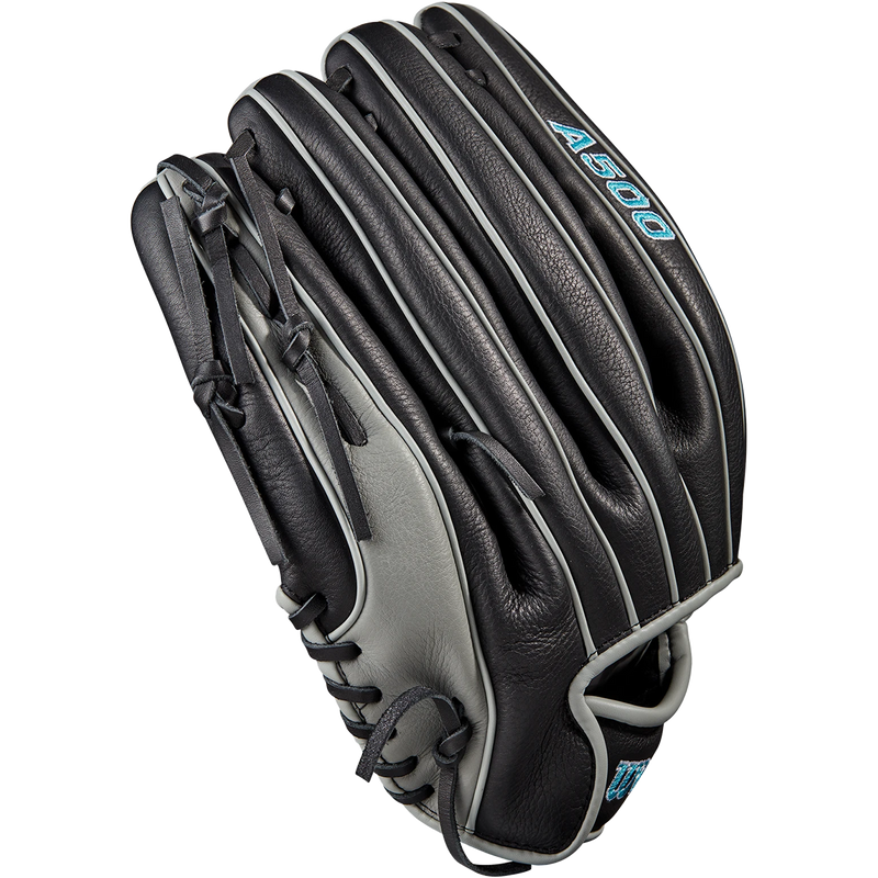 Youth A500 AP - 12.5" Single Post Web Left Hand Throw, Wilson A500 AP - 12.5" Single Post Web 2023 in Black/Grey/Tropical Blue