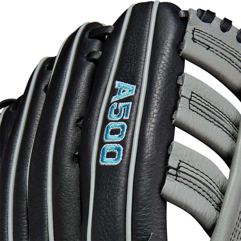 Youth A500 AP - 12.5" Single Post Web Left Hand Throw, Wilson A500 AP - 12.5" Single Post Web 2023 in Black/Grey/Tropical Blue logo