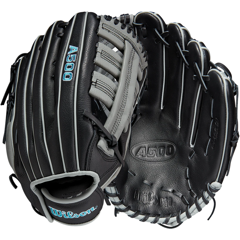 Youth A500 AP - 12.5" Single Post Web Left Hand Throw, Wilson A500 AP - 12.5" Single Post Web 2023 in Black/Grey/Tropical Blue front and back