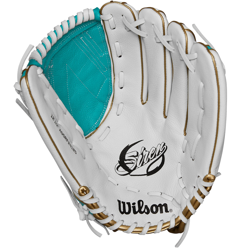 Youth A500 Siren Fastpitch Outfield - 12.5" Victory Web, Wilson Youth A500 Siren Fastpitch Outfield - 12.5" Victory Web 2024 in White/Teal/Gold palm