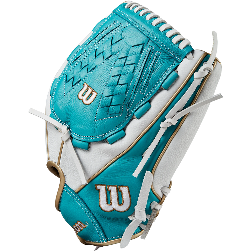 Youth A500 Siren Fastpitch Outfield - 12.5" Victory Web, Wilson Youth A500 Siren Fastpitch Outfield - 12.5" Victory Web 2024 in White/Teal/Gold right profile