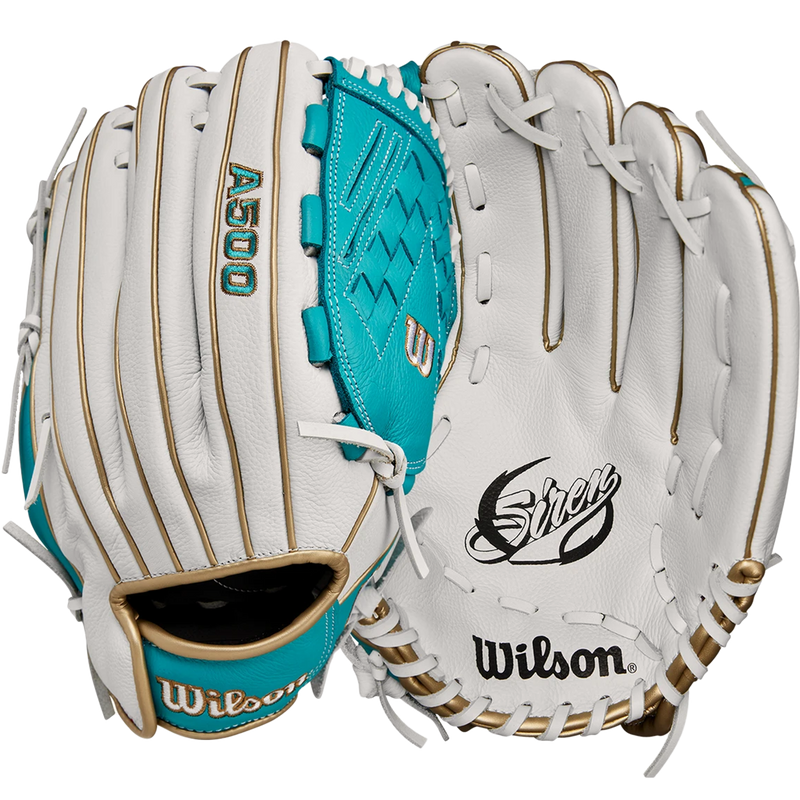 Youth A500 Siren Fastpitch Outfield - 12.5" Victory Web, Wilson Youth A500 Siren Fastpitch Outfield - 12.5" Victory Web 2024 in White/Teal/Gold front and back