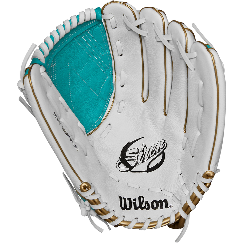 Youth Siren Fastpitch Outfield 12.5" Victory Web LHT, Wilson Siren Fastpitch Outfield 12.5" Victory Web 2024 - Left Hand Throw in White/Teal/Gold palm