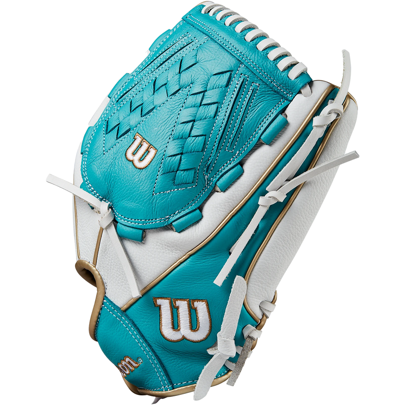 Youth Siren Fastpitch Outfield 12.5" Victory Web LHT, Wilson Siren Fastpitch Outfield 12.5" Victory Web 2024 - Left Hand Throw in White/Teal/Gold thumb