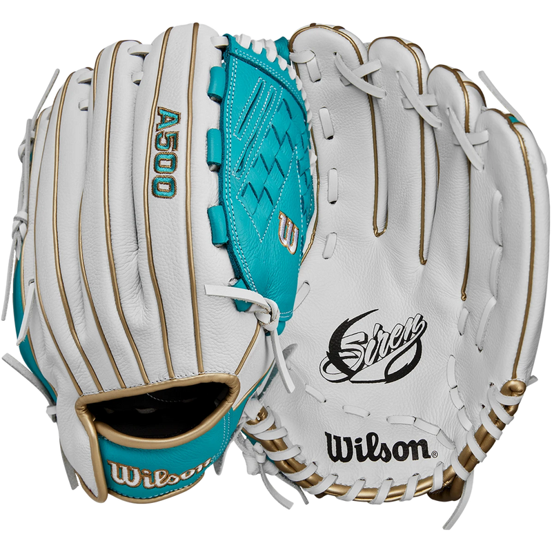 Youth Siren Fastpitch Outfield 12.5" Victory Web LHT, Wilson Siren Fastpitch Outfield 12.5" Victory Web 2024 - Left Hand Throw in White/Teal/Gold front and back