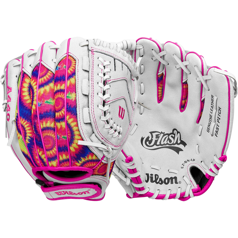 Youth Flash Fastpitch Infield - 11" Closed Web, Wilson Flash Fastpitch Infield - 11" Closed Web in White Pink Tie Dye front and back