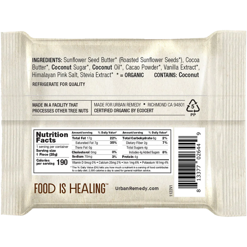 SunSquares Sunflower Butter Cacao, Urban Remedy SunSquares Sunflower Butter Cacao back of package