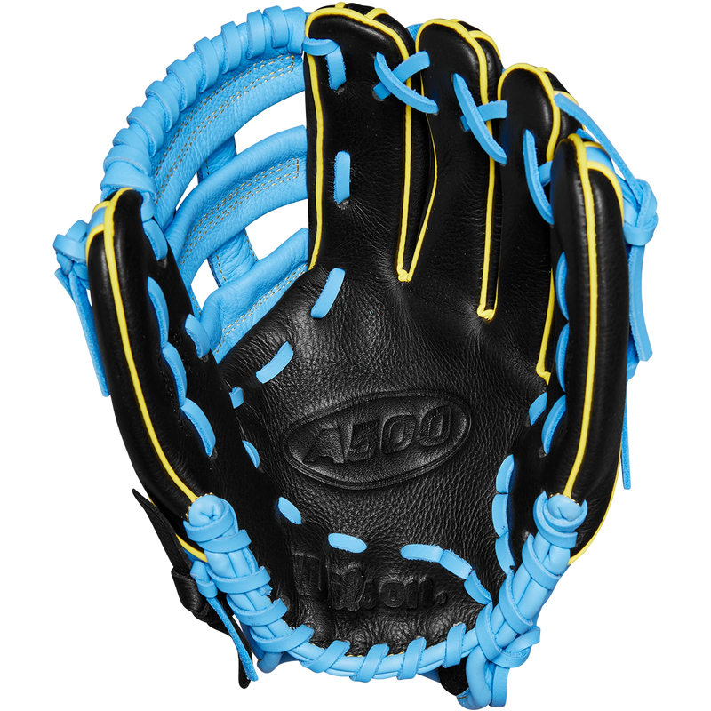 Youth A500 AP - 10.5" Dual Post Web, Wilson A500 All Positions 10.5" Dual Post Web 2025 in Black Cool Blue Optic Yellow palm