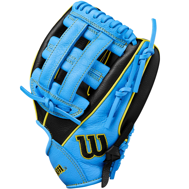 Youth A500 AP - 10.5" Dual Post Web, Wilson A500 All Positions 10.5" Dual Post Web 2025 in Black Cool Blue Optic Yellow thumb