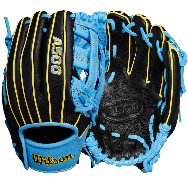 Youth A500 AP - 10.5" Dual Post Web, Wilson A500 All Positions 10.5" Dual Post Web 2025 in Black Cool Blue Optic Yellow front and back