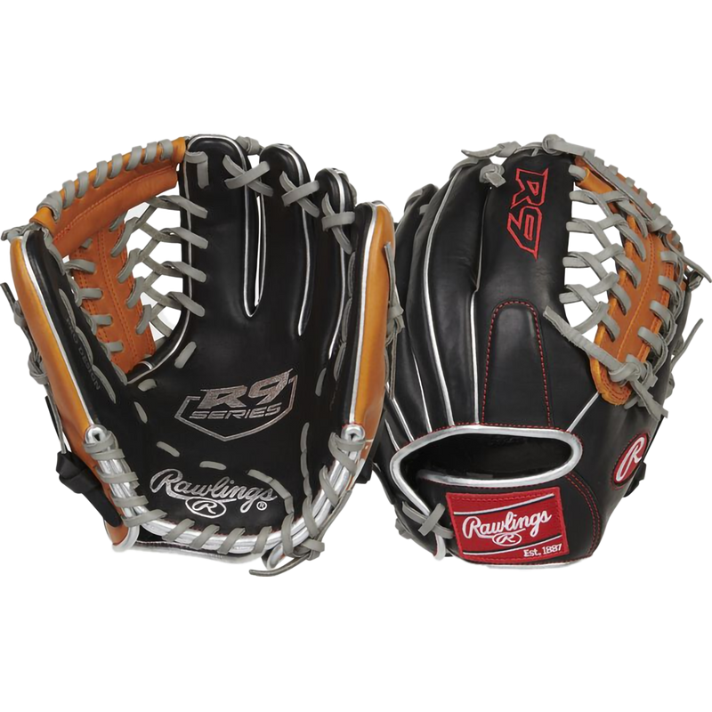 R9 Contour Infield/Pitcher's - 11.5" Trap-Eze Web Left Hand Throw, Rawlings R9 Contour Infield/Pitcher's - 11.5" Trap-Eze Web Left Hand Throw in Black/Tan front and back