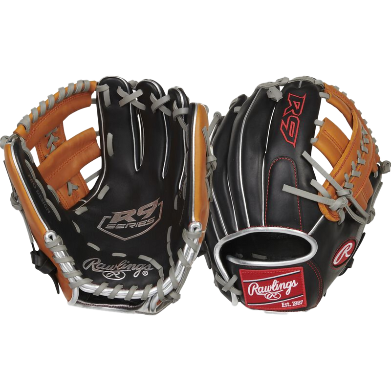 R9 Contour Infield - 11" Single Post Web, Rawlings R9 Contour Infield - 11" Single Post Web in Black/Tan front and back