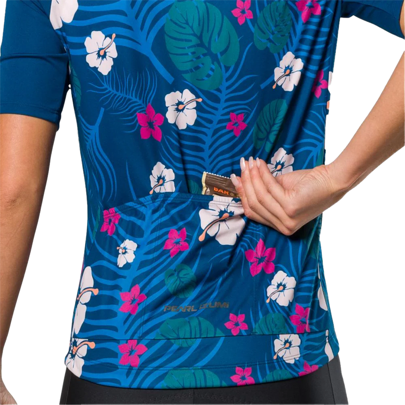 Women's Attack Short Sleeve Jersey, Pearl Izumi Women's Attack Short Sleeve Jersey in Twilight Tropical back pockets
