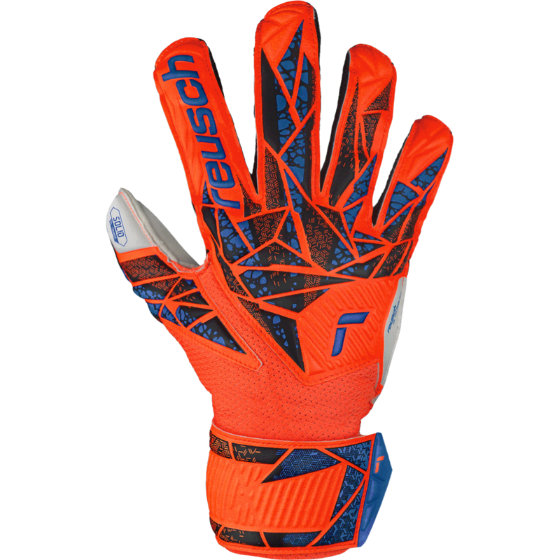 Youth Attrakt Solid FS Glove, Reusch Youth Attrakt Solid FS Glove 2024 in 2210-Orange/Blue back of right glowe