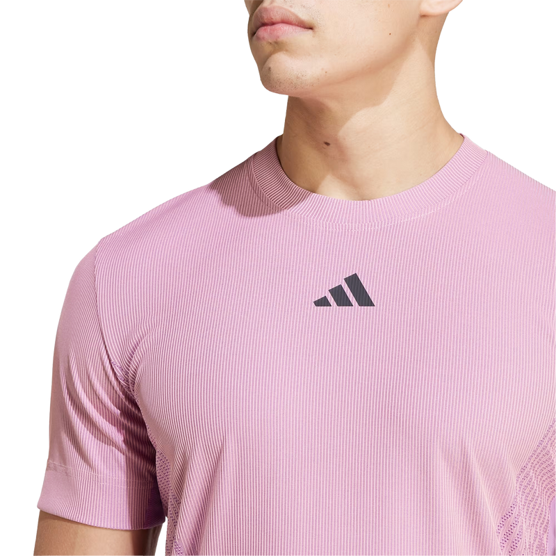 Men's Airchill Tee Pro, Adidas Men's Airchill Tee Pro in Semi Pink/Preloved Purple front logo