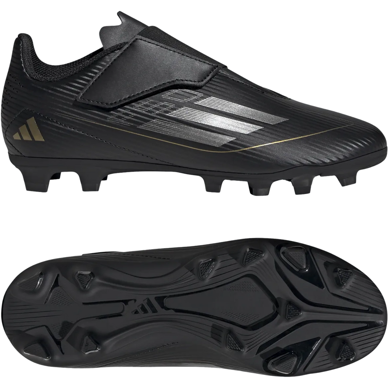 Youth F50 Club Velcro FxG, Adidas Youth F50 Club Velcro FxG in Black/Iron Metal/Gold Metal pair