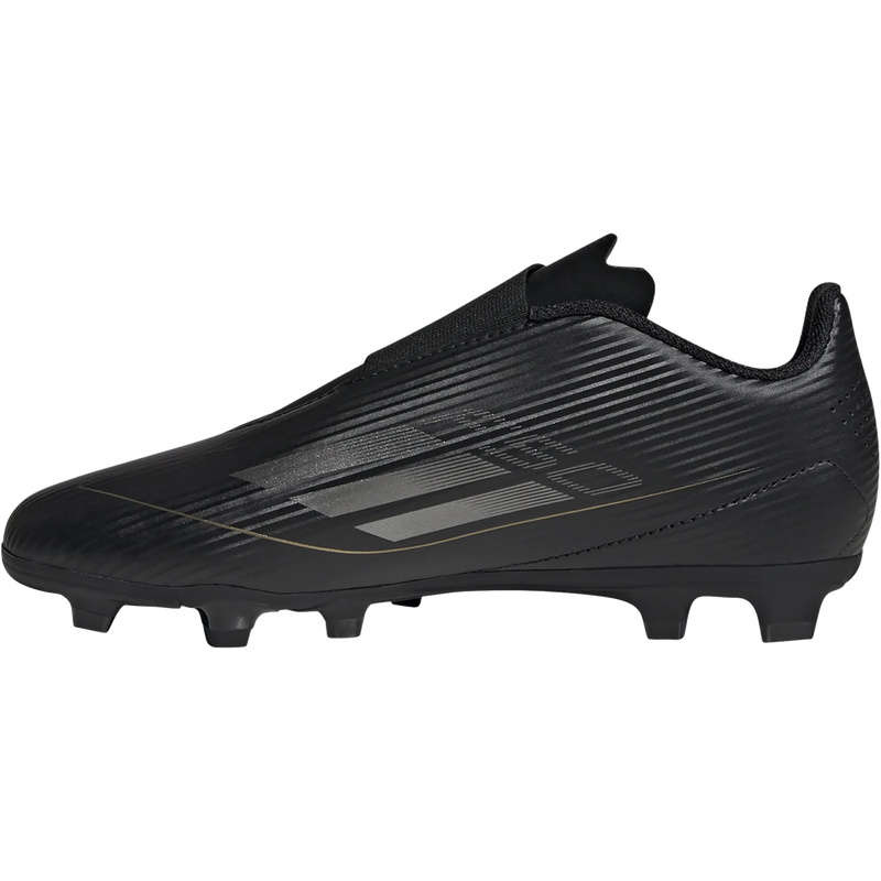 Youth F50 Club Velcro FxG, Adidas Youth F50 Club Velcro FxG in Black/Iron Metal/Gold Metal inside right profile