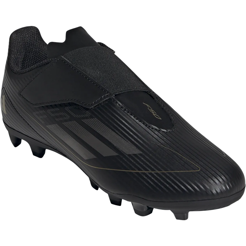 Youth F50 Club Velcro FxG, Adidas Youth F50 Club Velcro FxG in Black/Iron Metal/Gold Metal front right
