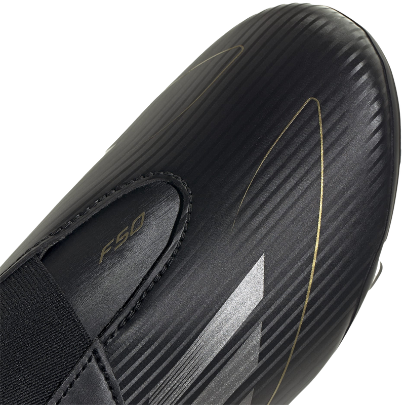 Youth F50 Club Velcro FxG, Adidas Youth F50 Club Velcro FxG in Black/Iron Metal/Gold Metal toe