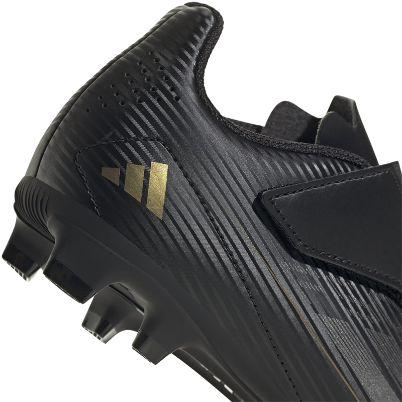 Youth F50 Club Velcro FxG, Adidas Youth F50 Club Velcro FxG in Black/Iron Metal/Gold Metal heel