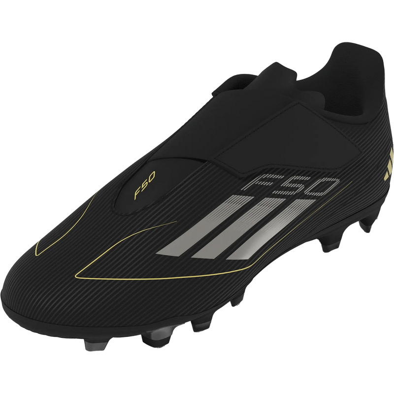 Youth F50 Club Velcro FxG, Adidas Youth F50 Club Velcro FxG in Black/Iron Metal/Gold Metal front left