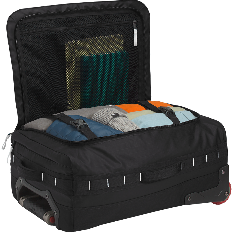 Base Camp Voyager 21" Roller, The North Face Base Camp Voyager 21in Roller in KY4-TNF Black/TNF White-NPF unzipped