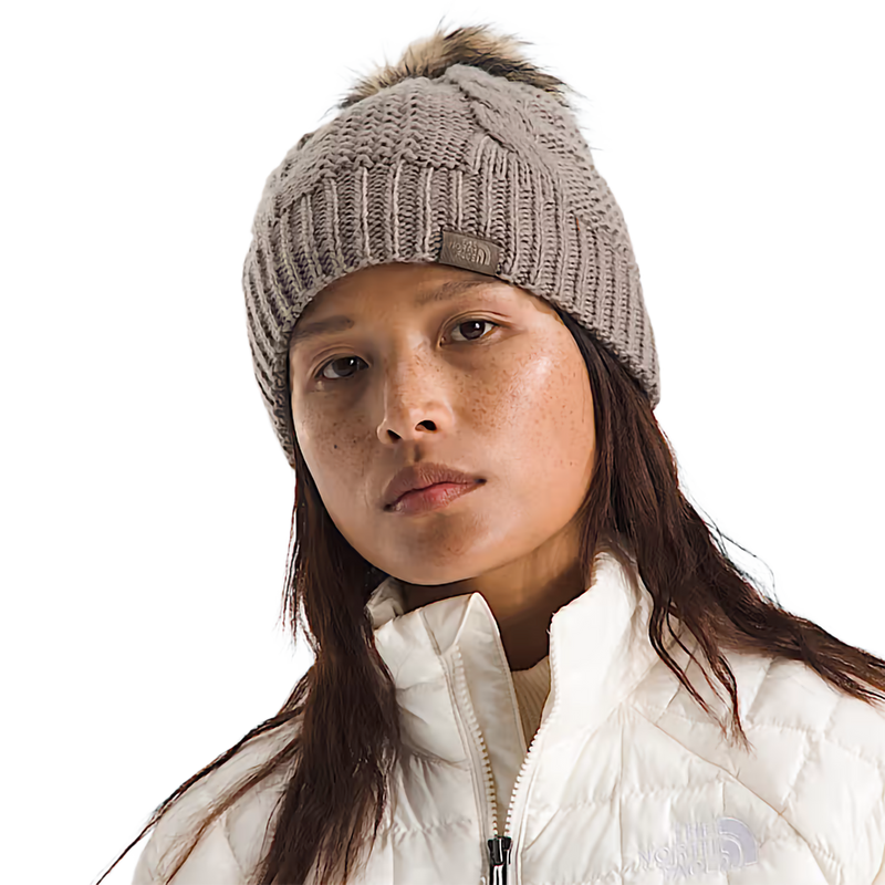 Women's Oh Mega Fur Pom Lined Beanie, The North Face Women’s Oh Mega Fur Pom Lined Beanie in Mocha Brown on model
