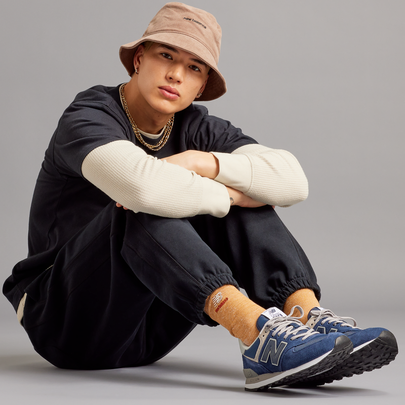 Men's NB 574 Core, New Balance Men's NB 574 Core in EVN-Navy/White on model