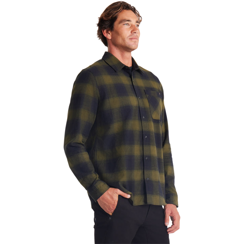 Men's Crossroads Organic Long Sleeve Flannel, Roark Men's Crossroads Organic Long Sleeve Flannel in Dark Military Plaid front right