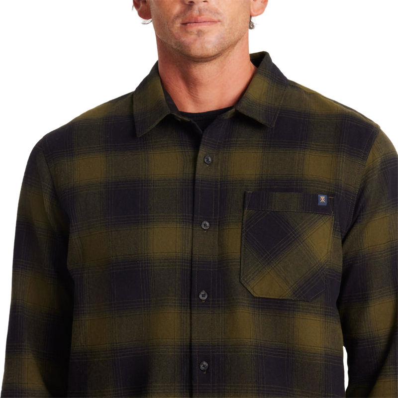 Men's Crossroads Organic Long Sleeve Flannel, Roark Men's Crossroads Organic Long Sleeve Flannel in Dark Military Plaid front pocket