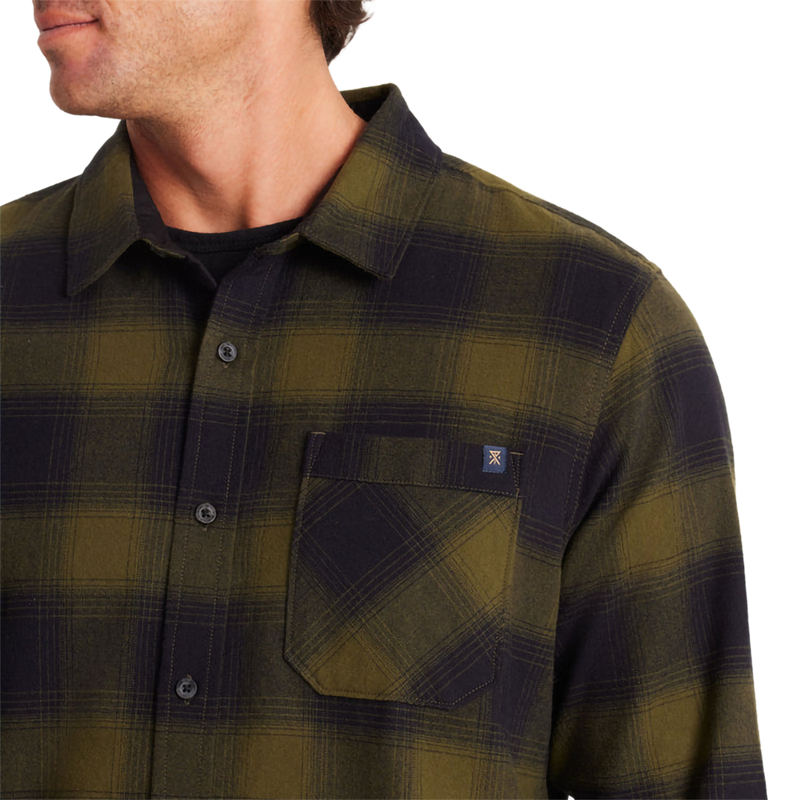 Men's Crossroads Organic Long Sleeve Flannel, Roark Men's Crossroads Organic Long Sleeve Flannel in Dark Military Plaid front pocket