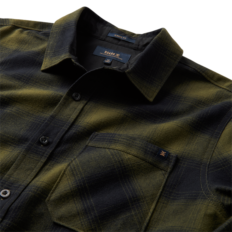 Men's Crossroads Organic Long Sleeve Flannel, Roark Men's Crossroads Organic Long Sleeve Flannel in Dark Military Plaid collar