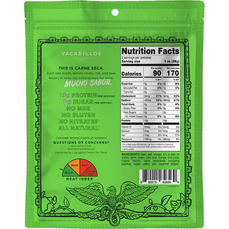 Carne Seca 2oz Air Dried Beef, Vacadillos Carne Seca 2oz Air Dried Beef back of package