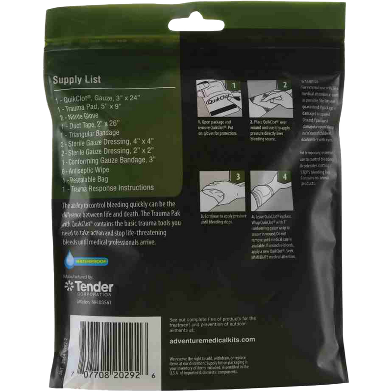 Trauma Pak First Aid Kit with QuikClot, Adventure Medical Trauma Pak First Aid Kit with QuikClot back of package