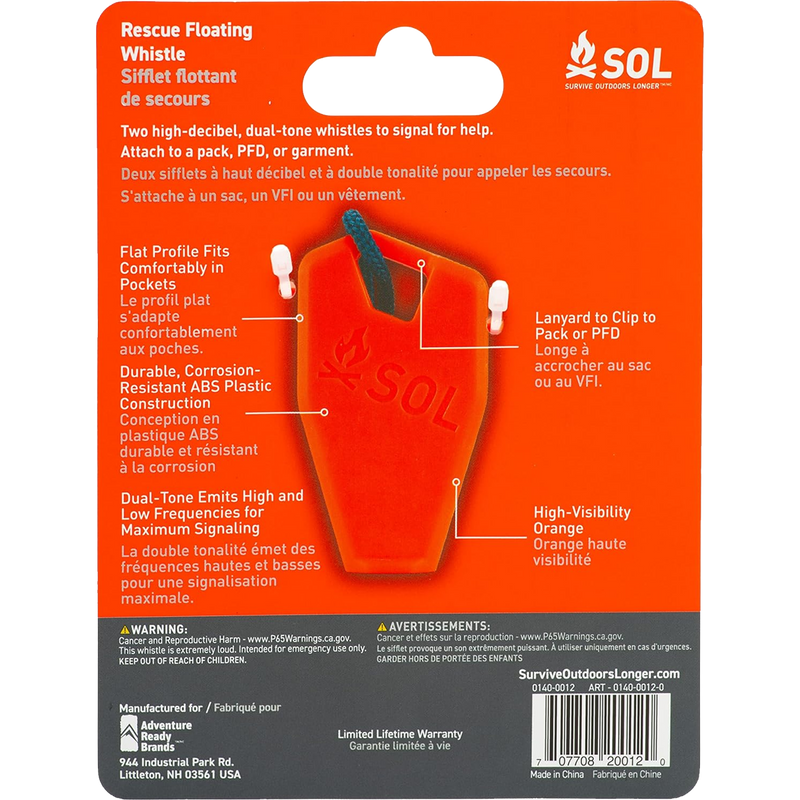 Rescue Floating Whistle (2 Pack), SOL Rescue Floating Whistle (2 Pack) back of package