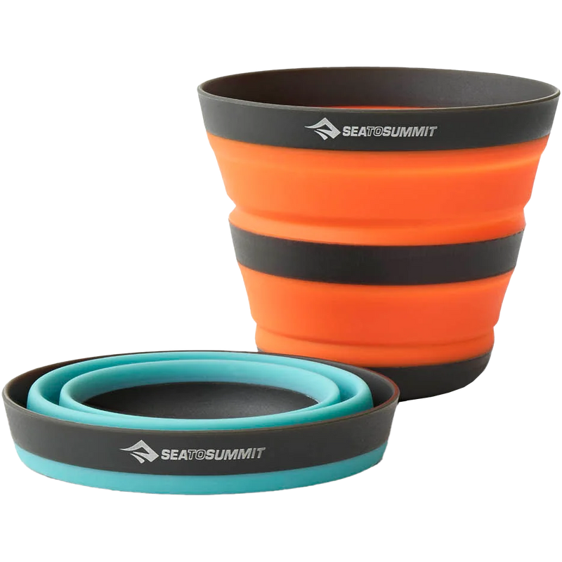Frontier Ultralight Collapsible Cup, Sea to Summit Frontier Ultralight Collapsible Cup in Blue and Orange collapsed and extended