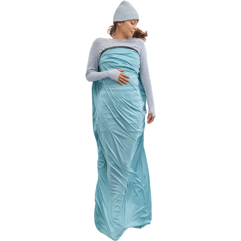 Comfort Blend Liner Rectangular, Sea to Summit Comfort Blend Liner Rectangular in Aqua Sea Blue with model