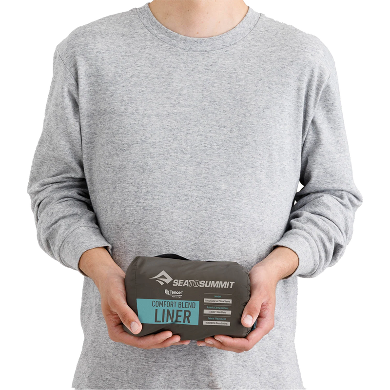 Comfort Blend Liner Rectangular, Sea to Summit Comfort Blend Liner Rectangular in Aqua Sea Blue packaged