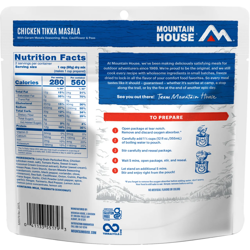 Chicken Tikka Masala GF, Mountain House Chicken Tikka Masala back of package