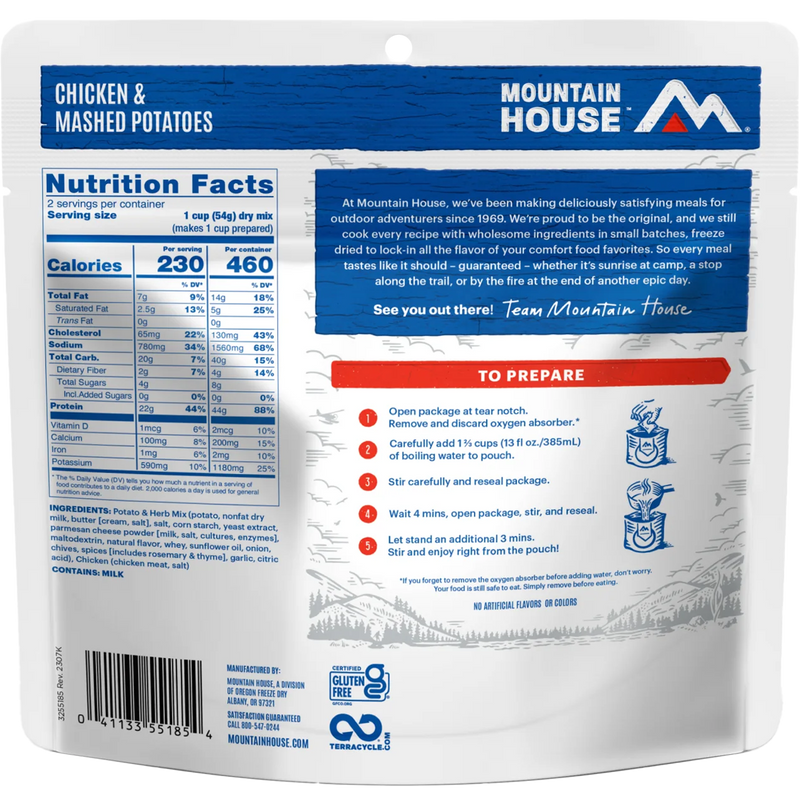 Chicken & Mashed Potatoes (2 Servings), Mountain House Chicken and Mashed Potatoes back of package