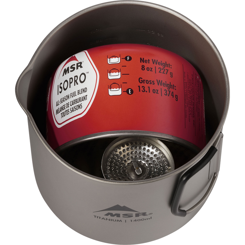 Titan Kettle 1400 mL, MSR Titan Kettle 1400 mL storing stove and propane